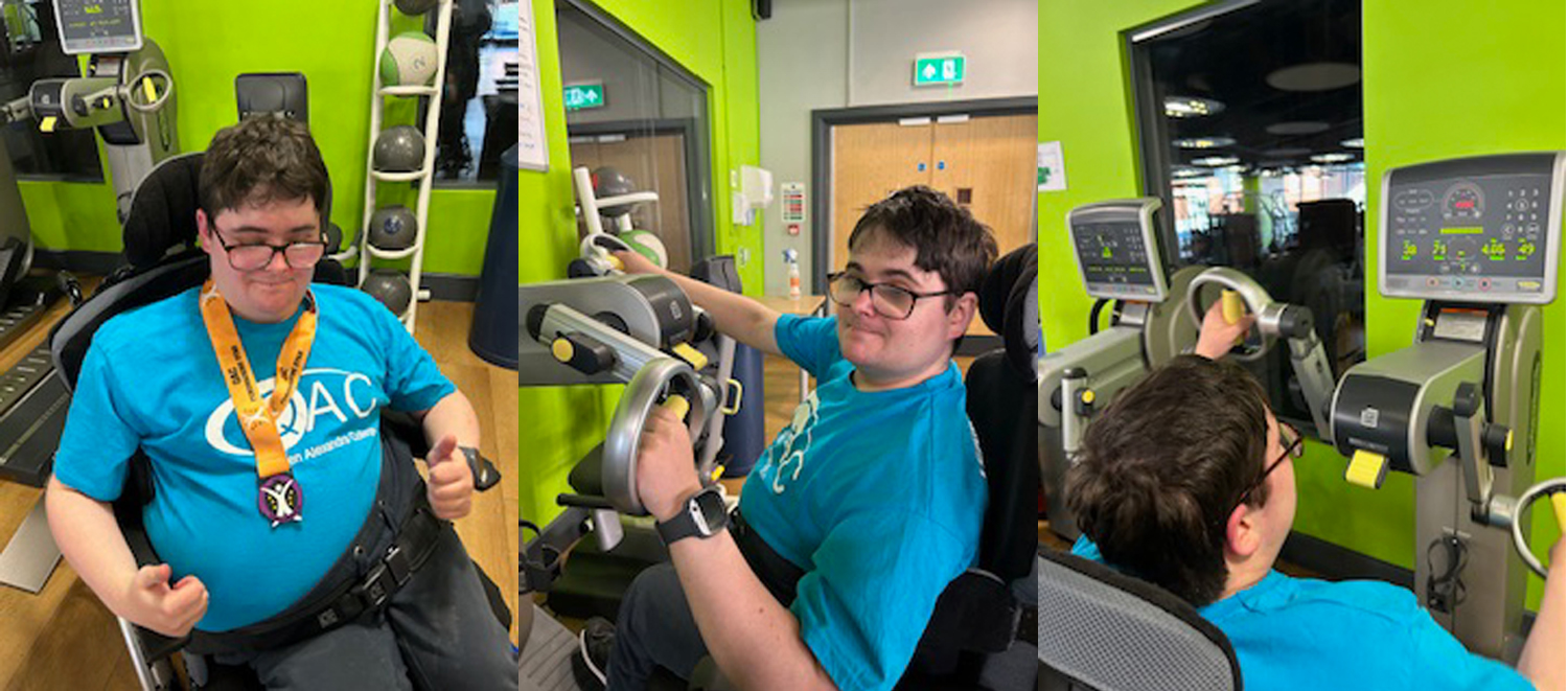 3 images of Conor completing the hand cycle challenge