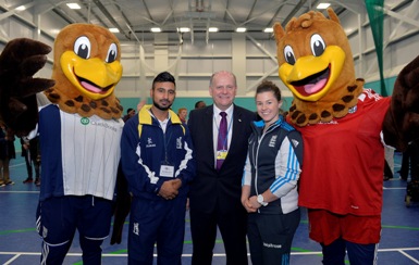 Ateeq Javid, Tammy Beaumont and the WBA mascots with Hugh Williams