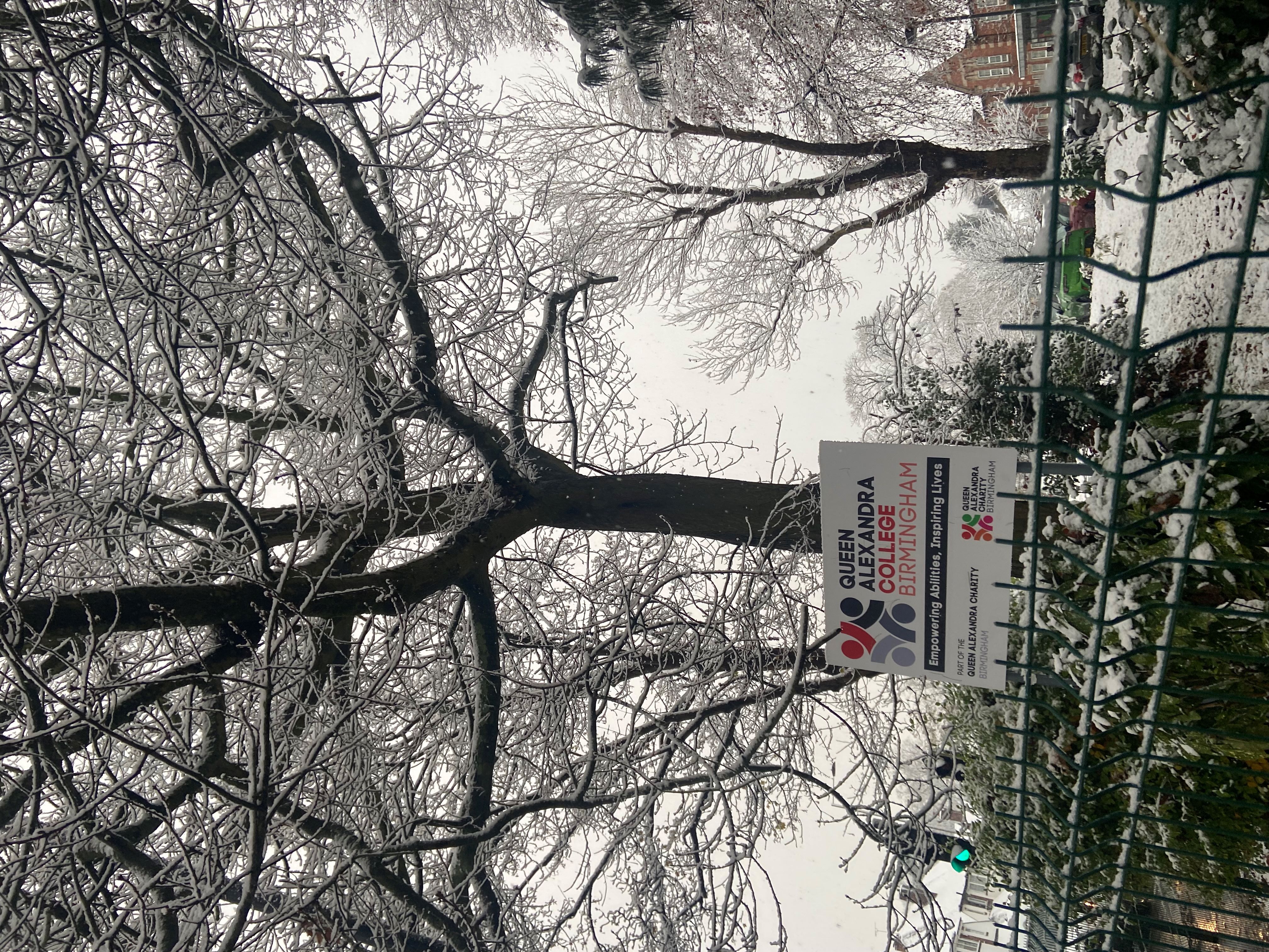 Image of the QAC sign covered in snow