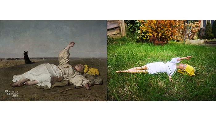 On the left, an oil painting by Jozef Chelmonski titled "Gossamer" and a home recreation on the right