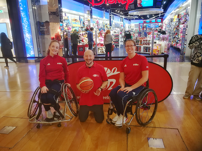 QAC LSA Andy with 2 British Wheelchair Basketball representatives during Purple Tuesday at the Bullring