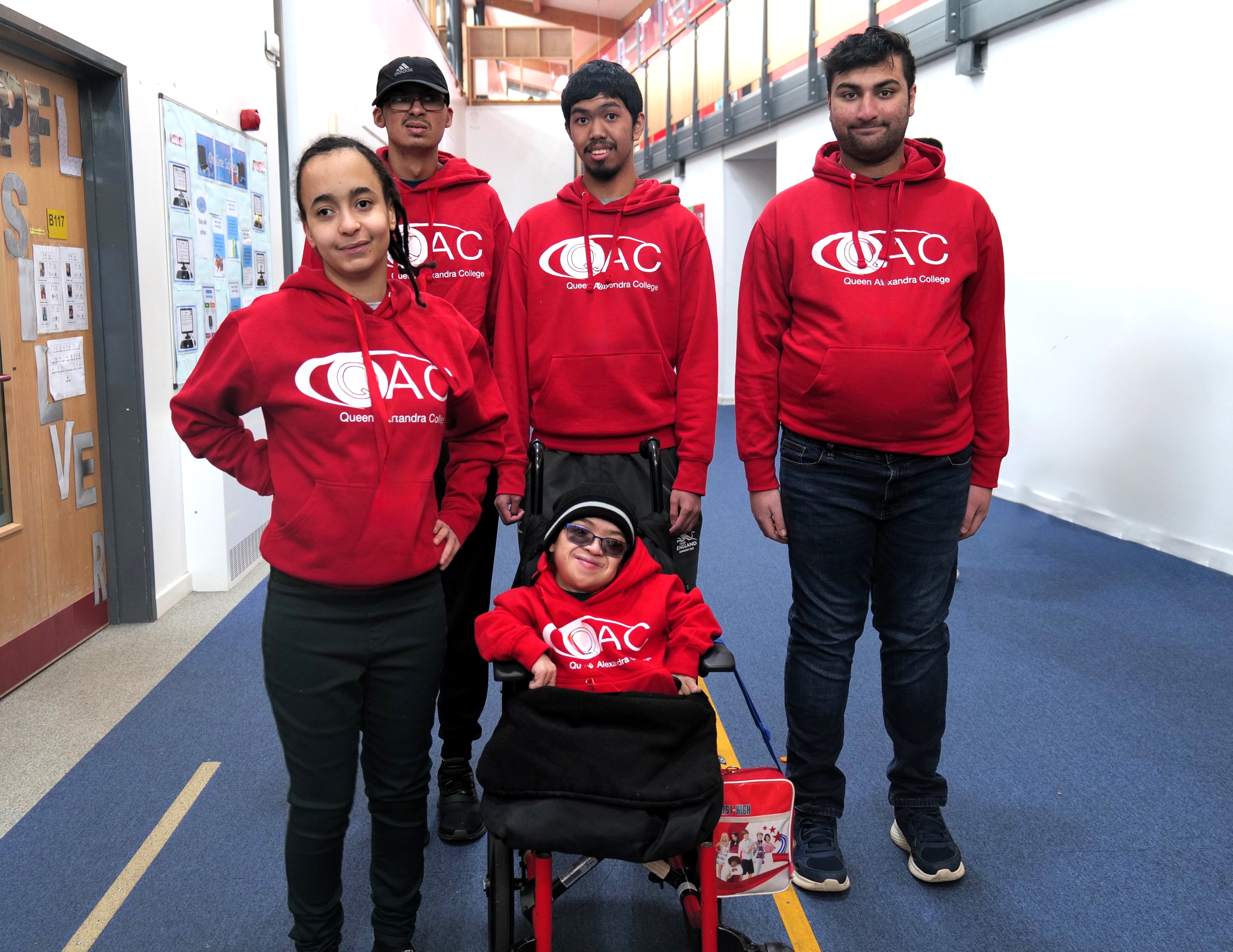 Leon, Taiya, Danyaal, Ralph and Raad stood in their student ambassadors hoodies