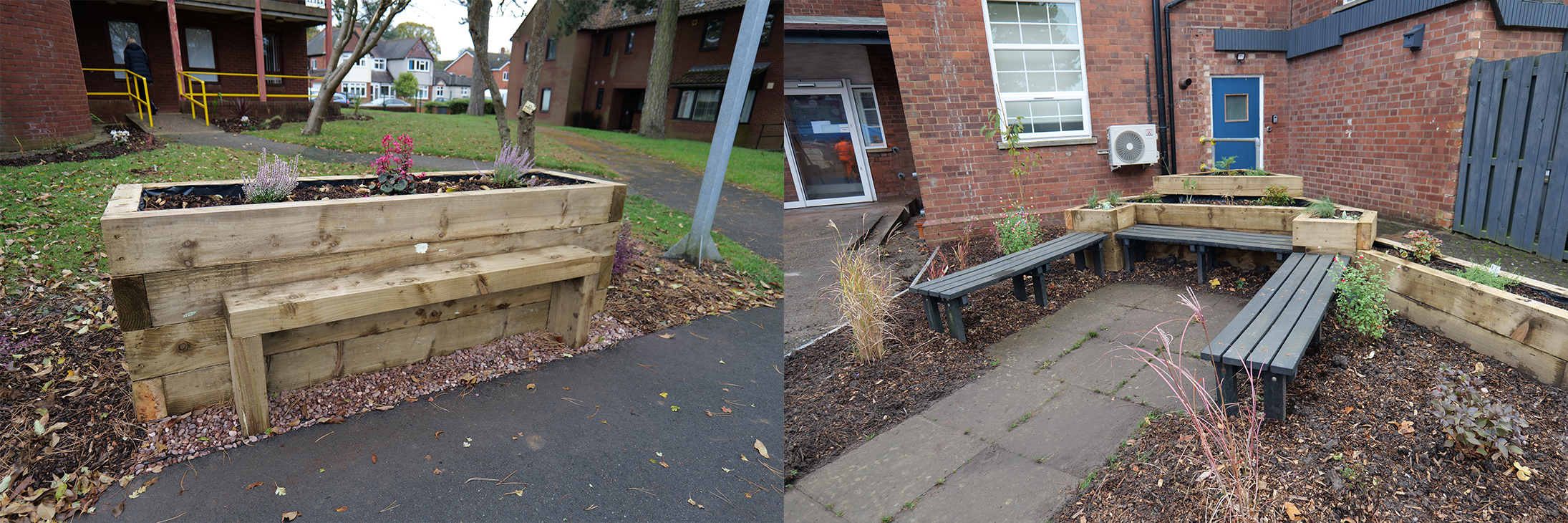 Two images of QAC sensory gardens with benches in front