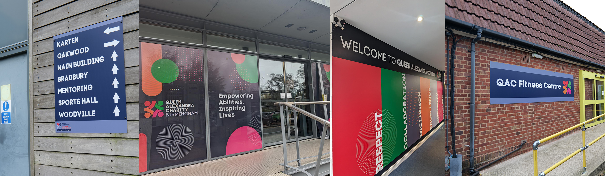 Two images of different signages across campus with a navy blue background and white font, two images showing the new reception art with the charity colours and QAC values