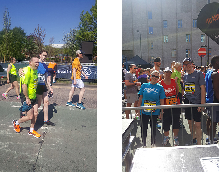 Picture of 2 male Team QAC members taking part in the 10k on the left and on the right 3 Team QAC members posing for a photo at the run