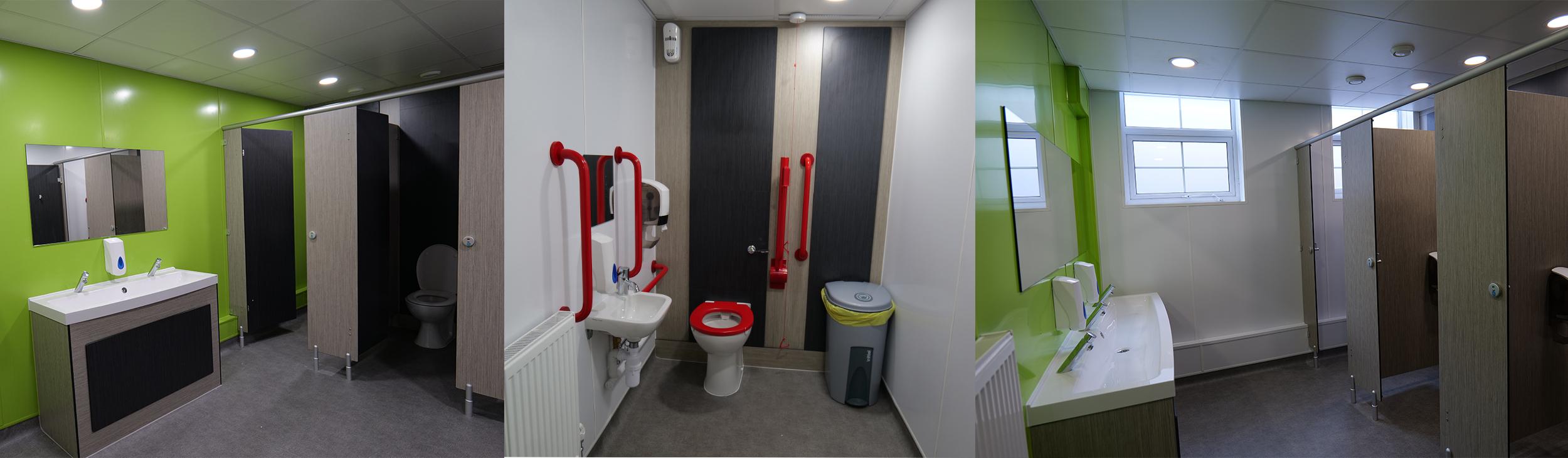 Image of three different toilets with a green wall and stalls