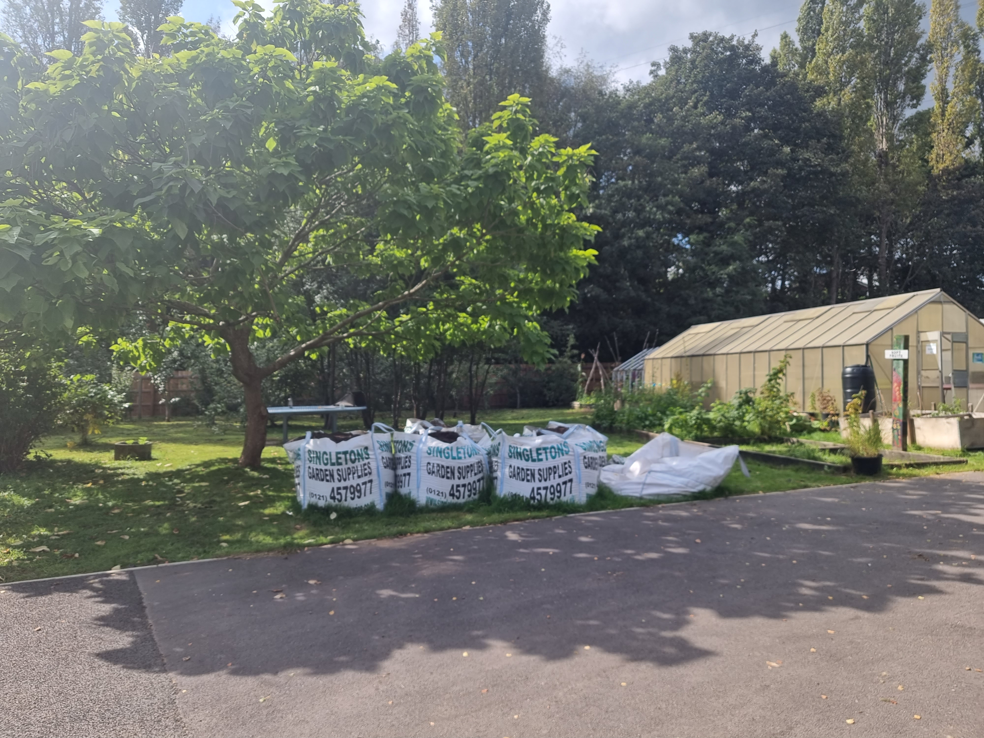 Image of a tree, gardening supplies and greenhouse