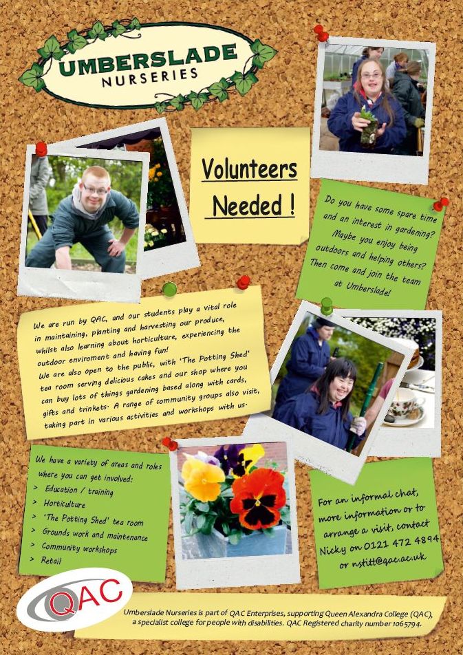 Volunteers Needed at Umberslade Nurseries poster 