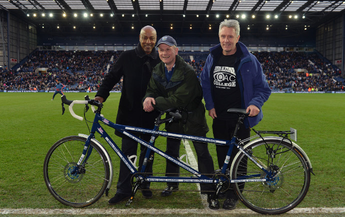 West Bromwich Albion themed tandem presented to Blind Dave Heeley