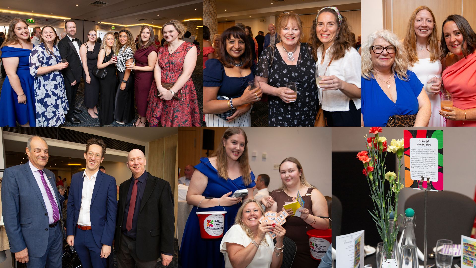 Images of guests at the Charity Dinner June 2026 A collage of photos from the recent Charity Dinner in June 2026. Including supporters, staff, friends of, and center pieces made by QAC students.